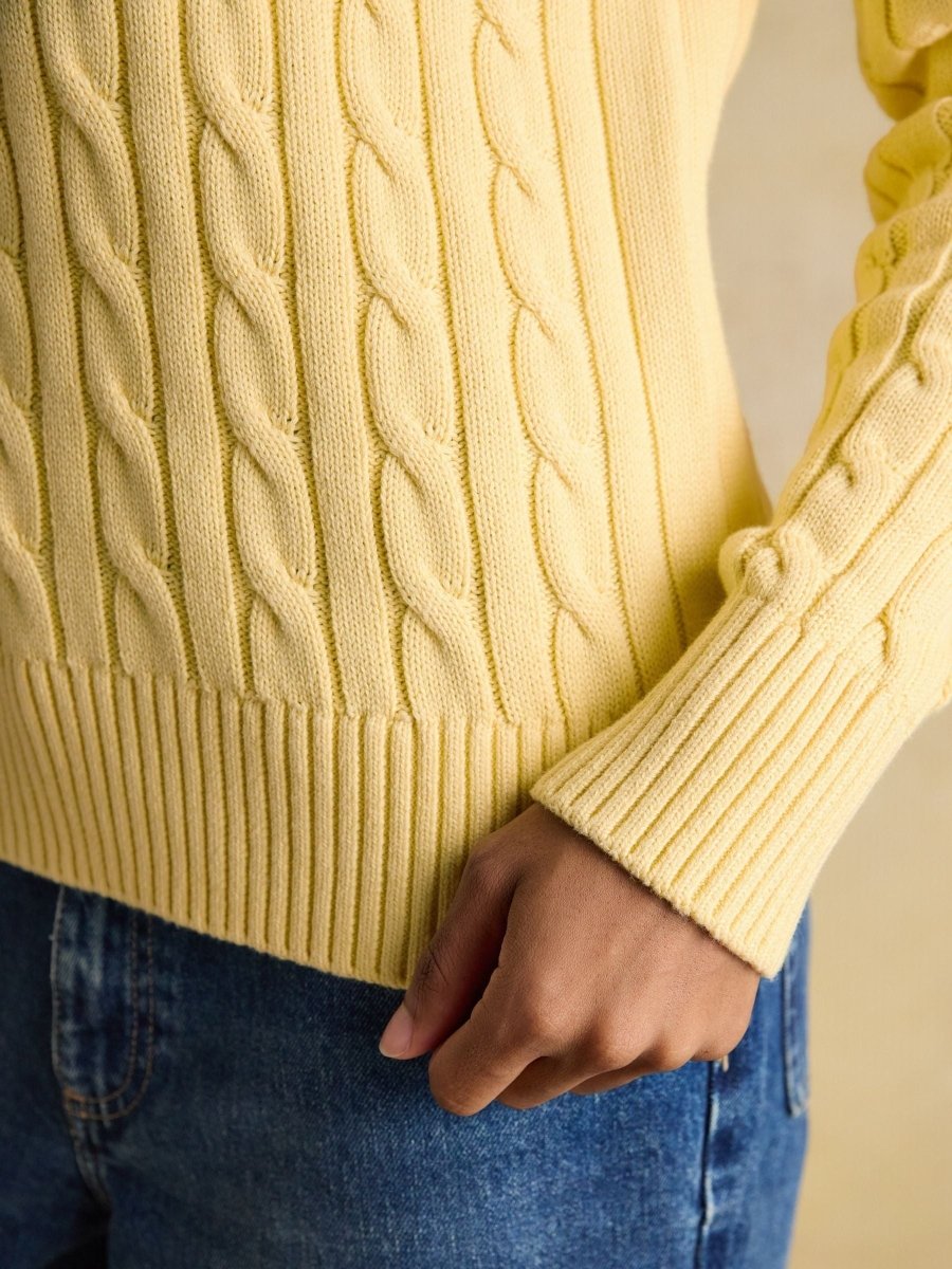 Classic Yellow Crew Neck Cotton Cable Knit Jumper - RUTHERFORD & Co