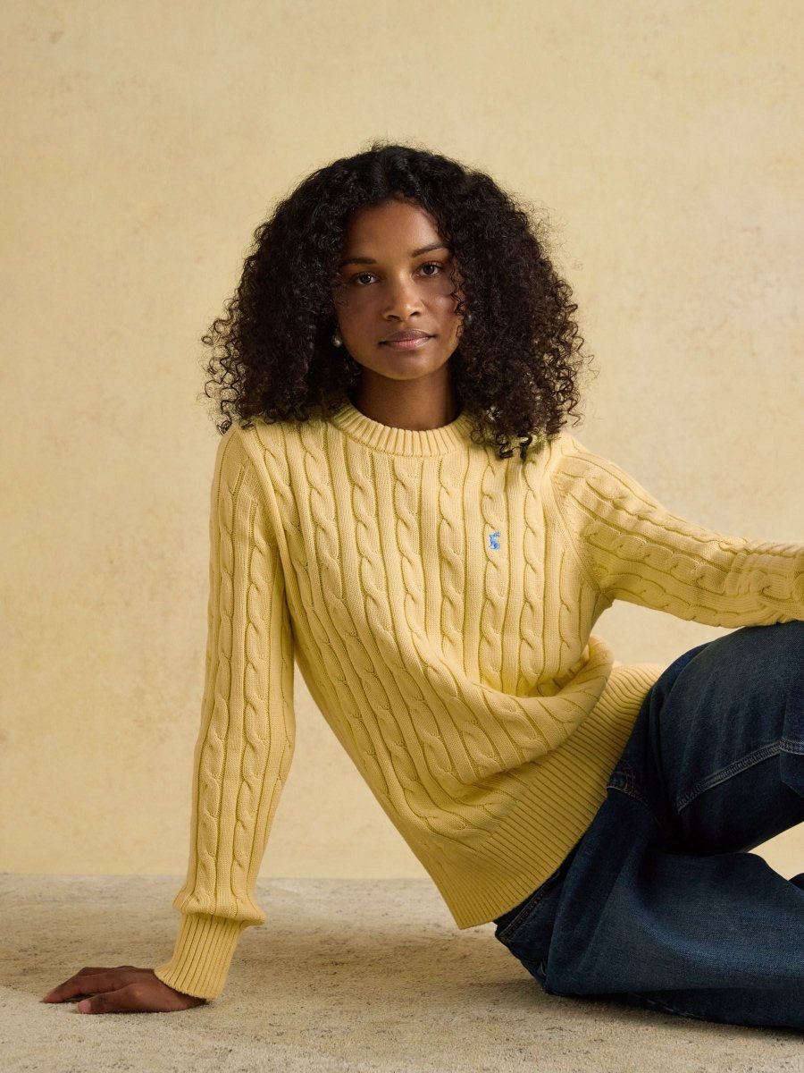 Classic Yellow Crew Neck Cotton Cable Knit Jumper - RUTHERFORD & Co