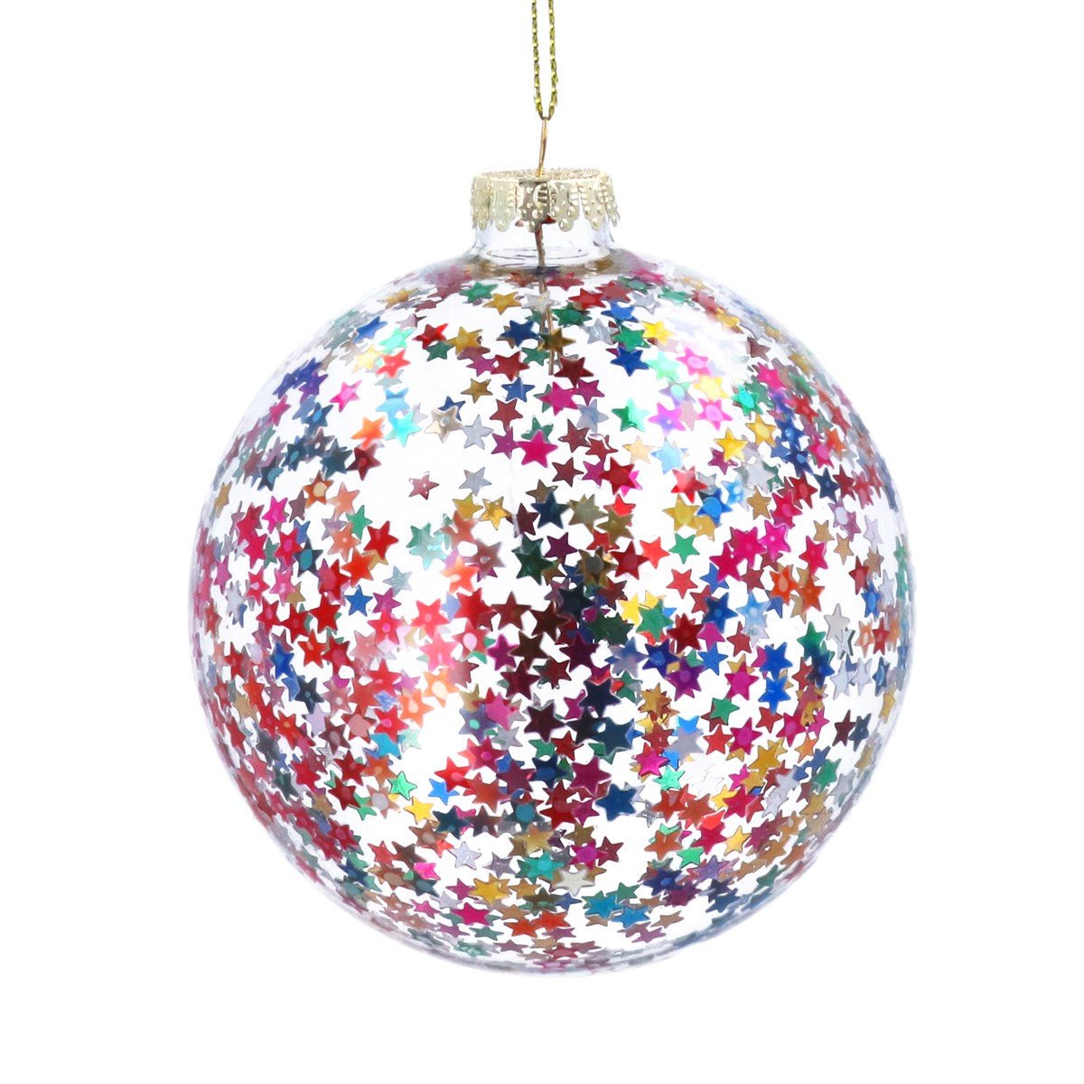 Clear with Multicolour Star Confetti Glass Bauble (10cm) - RUTHERFORD & Co
