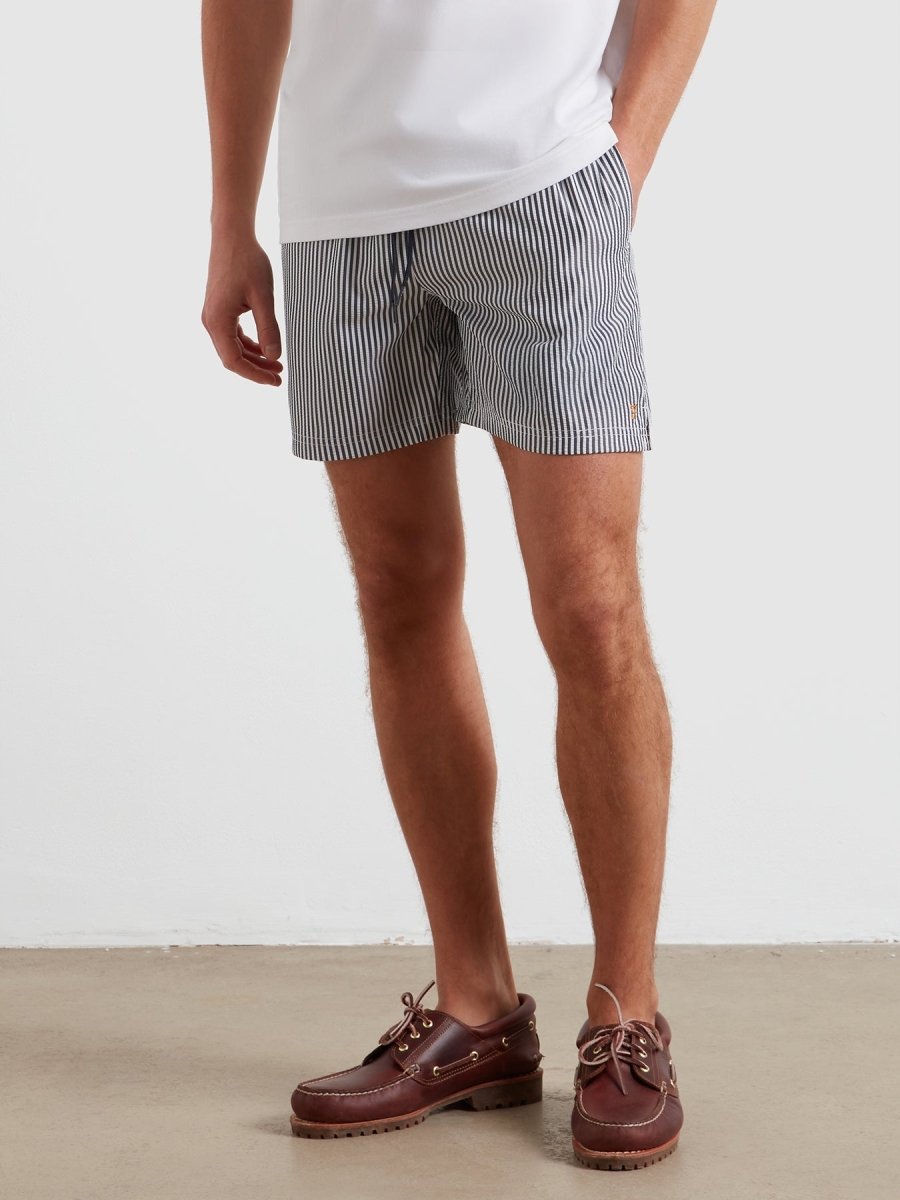 Colbert Seersucker Stripe Swim Shorts In True Navy - RUTHERFORD & Co