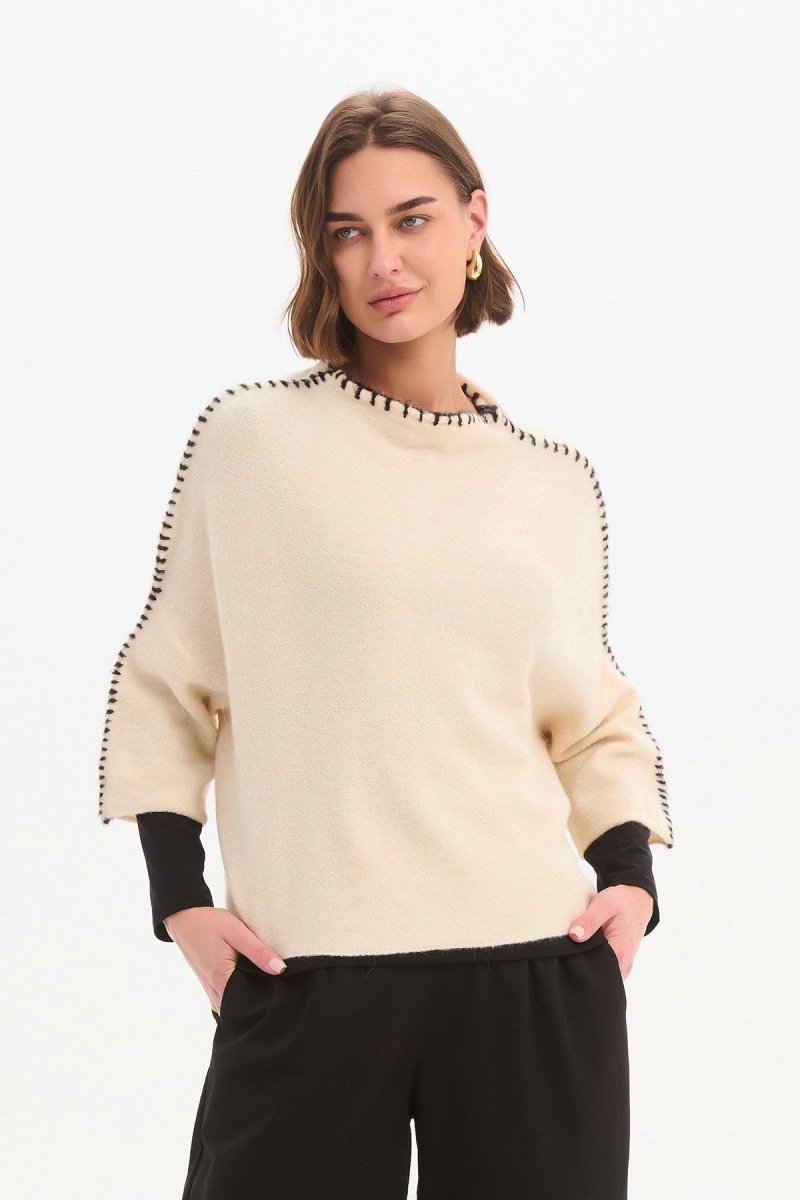 Contrast Stitch Detail Knit Cream - RUTHERFORD & Co