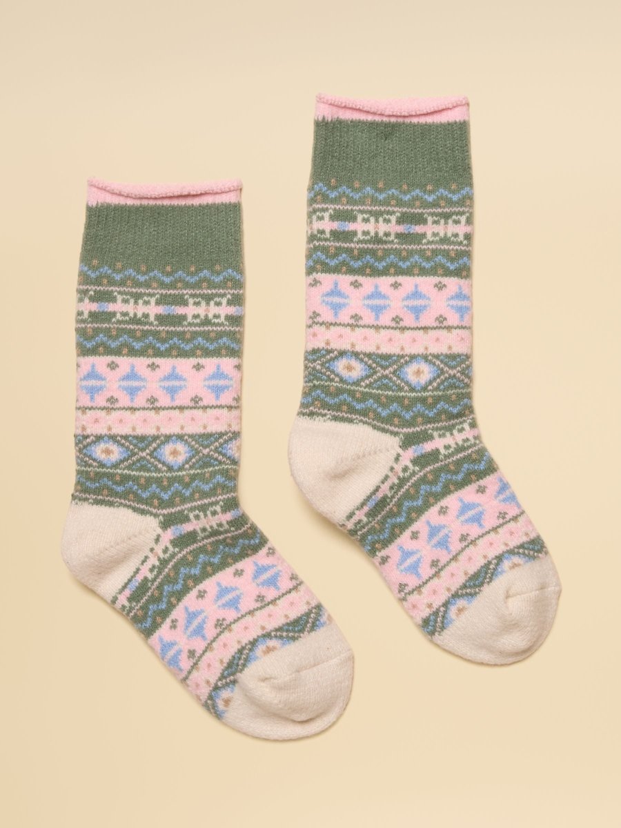 Cosy Fair Isle Socks - Khaki & Pink Fairisle - RUTHERFORD & Co