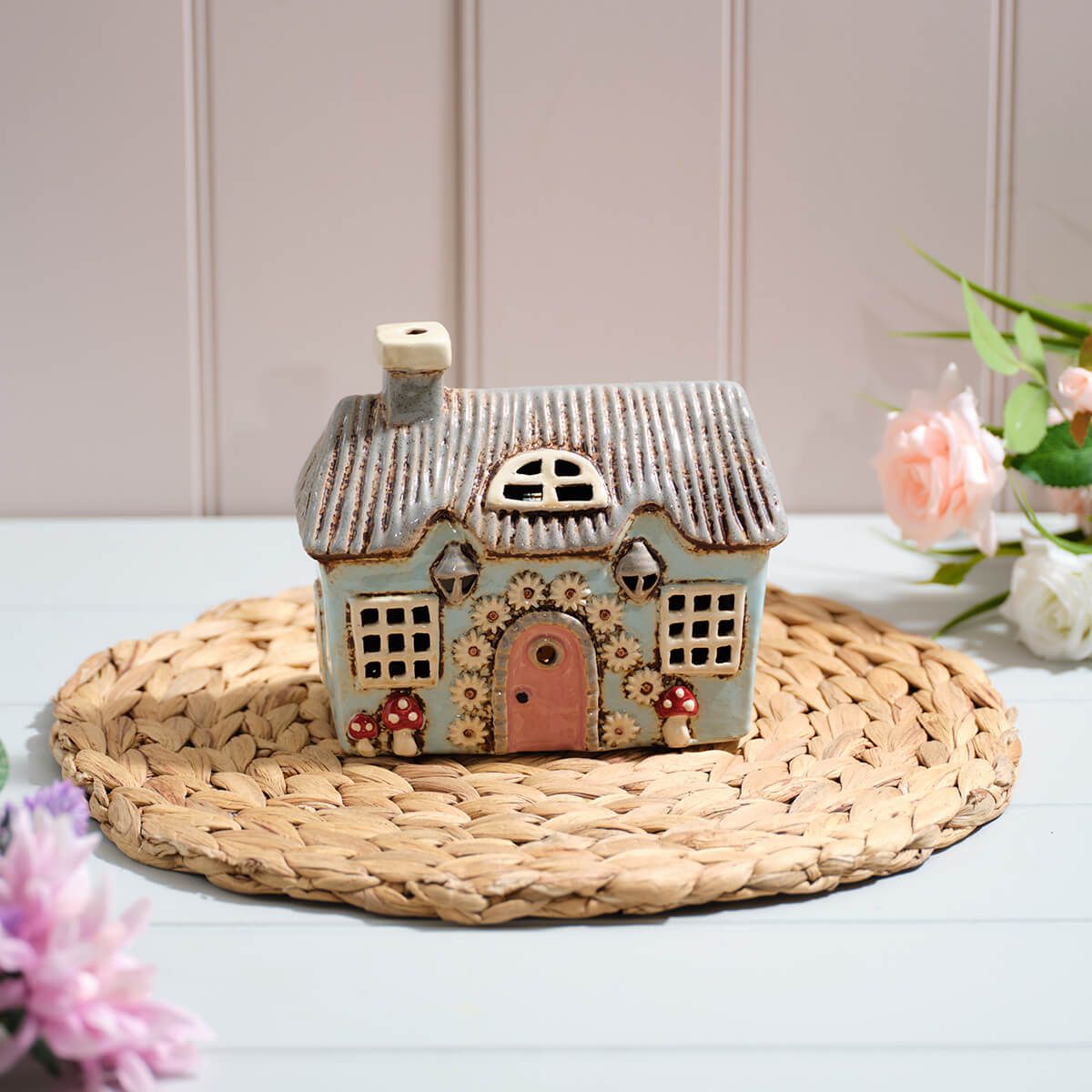 Cottage Garden Stoneware Light Blue House Candle Holder - RUTHERFORD & Co