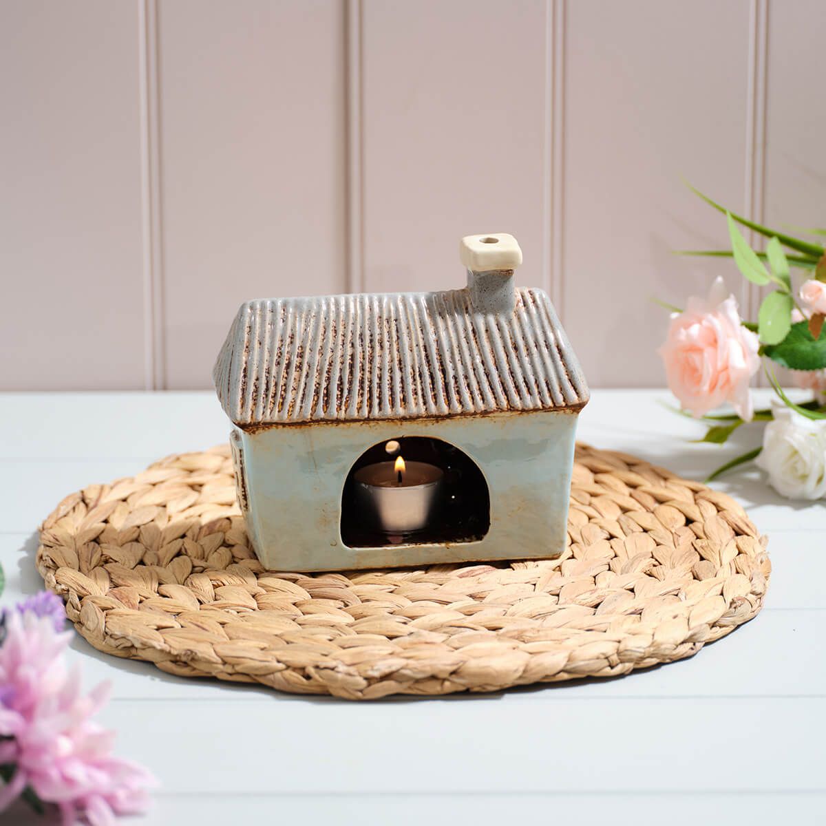 Cottage Garden Stoneware Light Blue House Candle Holder - RUTHERFORD & Co