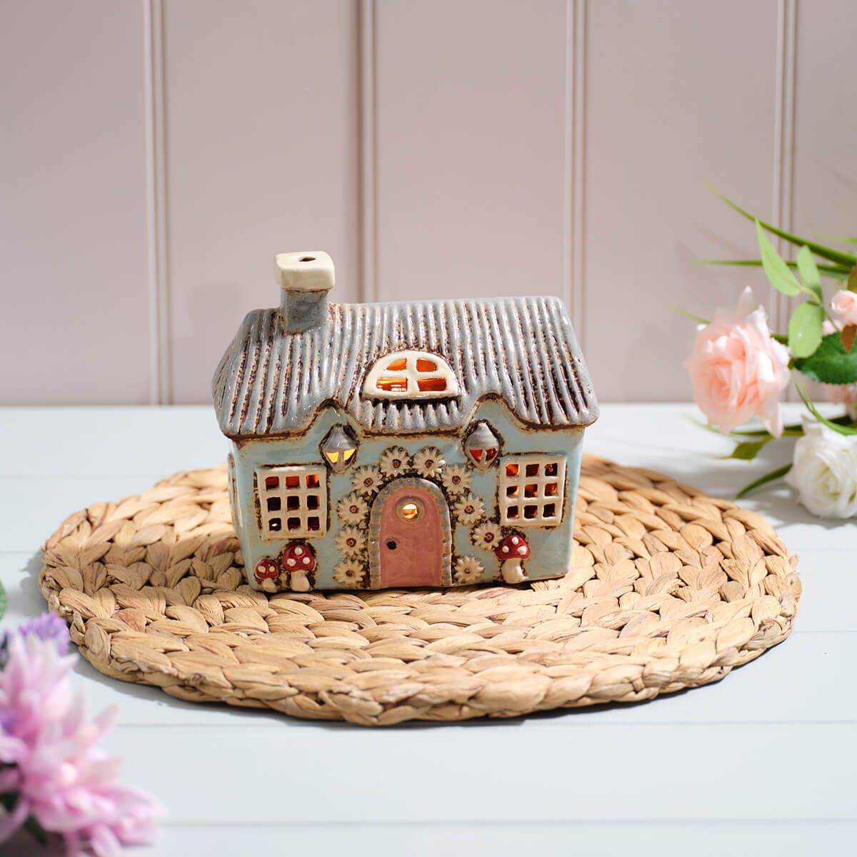 Cottage Garden Stoneware Light Blue House Candle Holder - RUTHERFORD & Co
