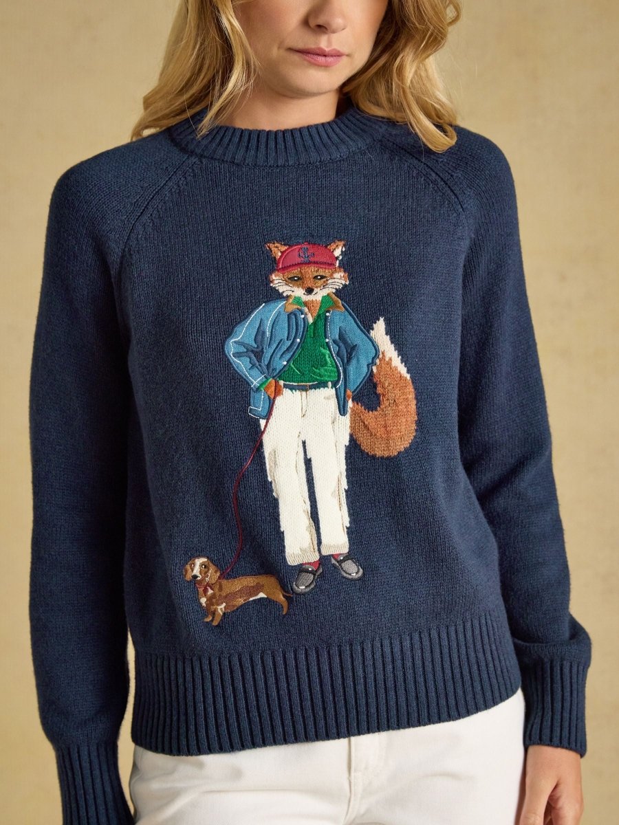Cotton Blend Crew Neck Knitted Jumper - Navy - RUTHERFORD & Co