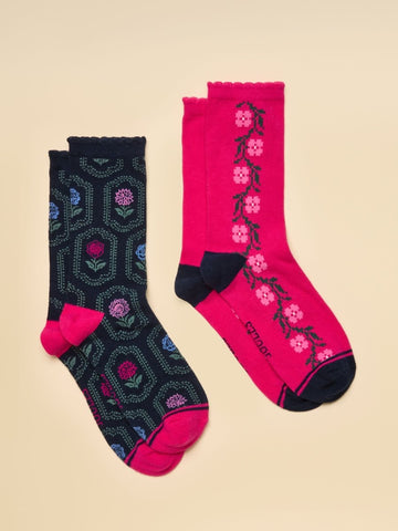 Cotton Blend Socks 2 Pack (size 4-8) - Navy/Pink Floral - RUTHERFORD & Co
