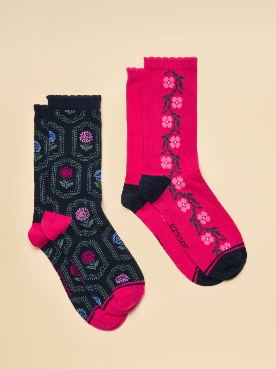 Cotton Blend Socks 2 Pack (size 4-8) - Navy/Pink Floral - RUTHERFORD & Co
