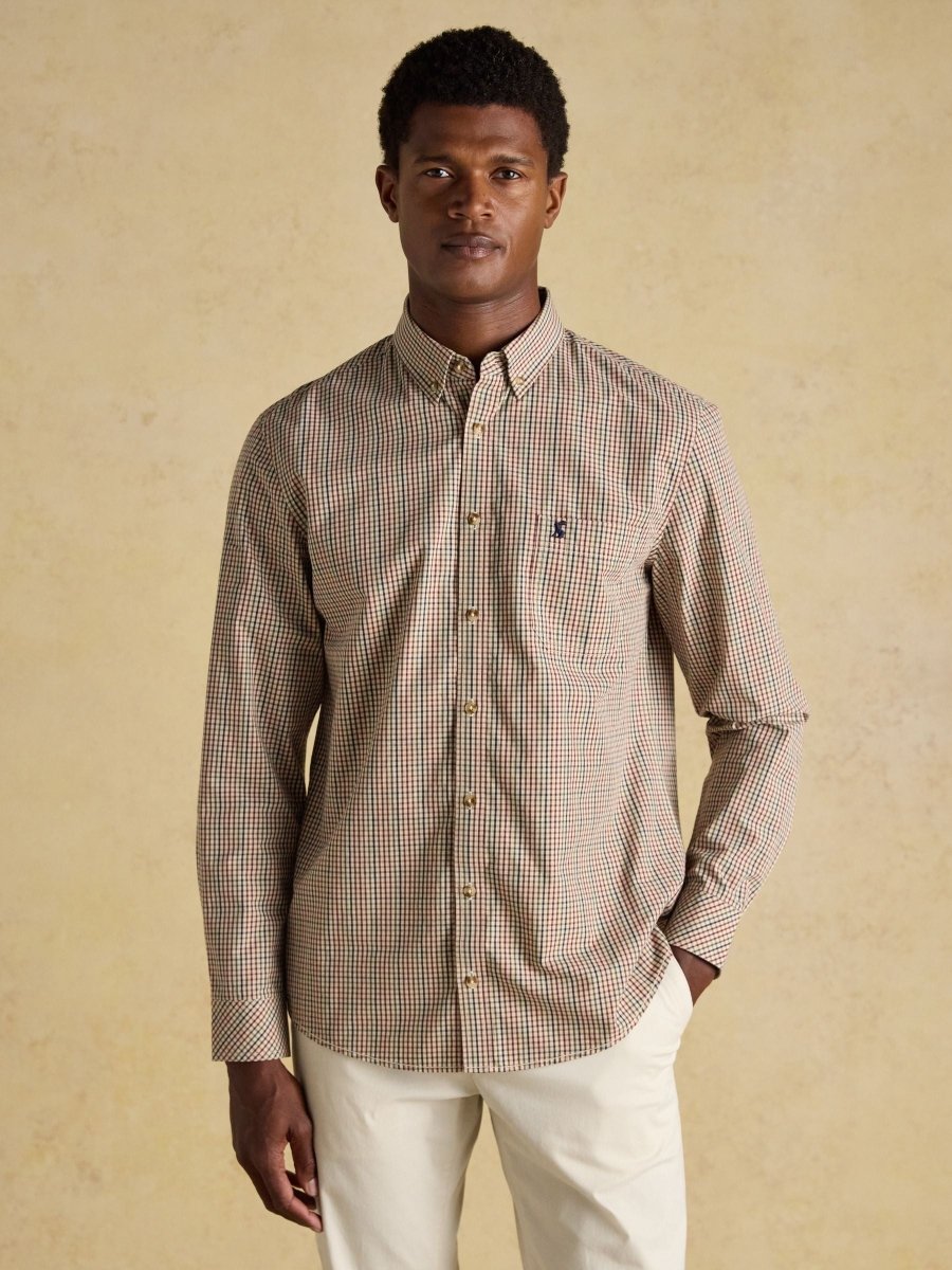 Cotton Poplin Brown Long Sleeve Gingham Shirt - RUTHERFORD & Co