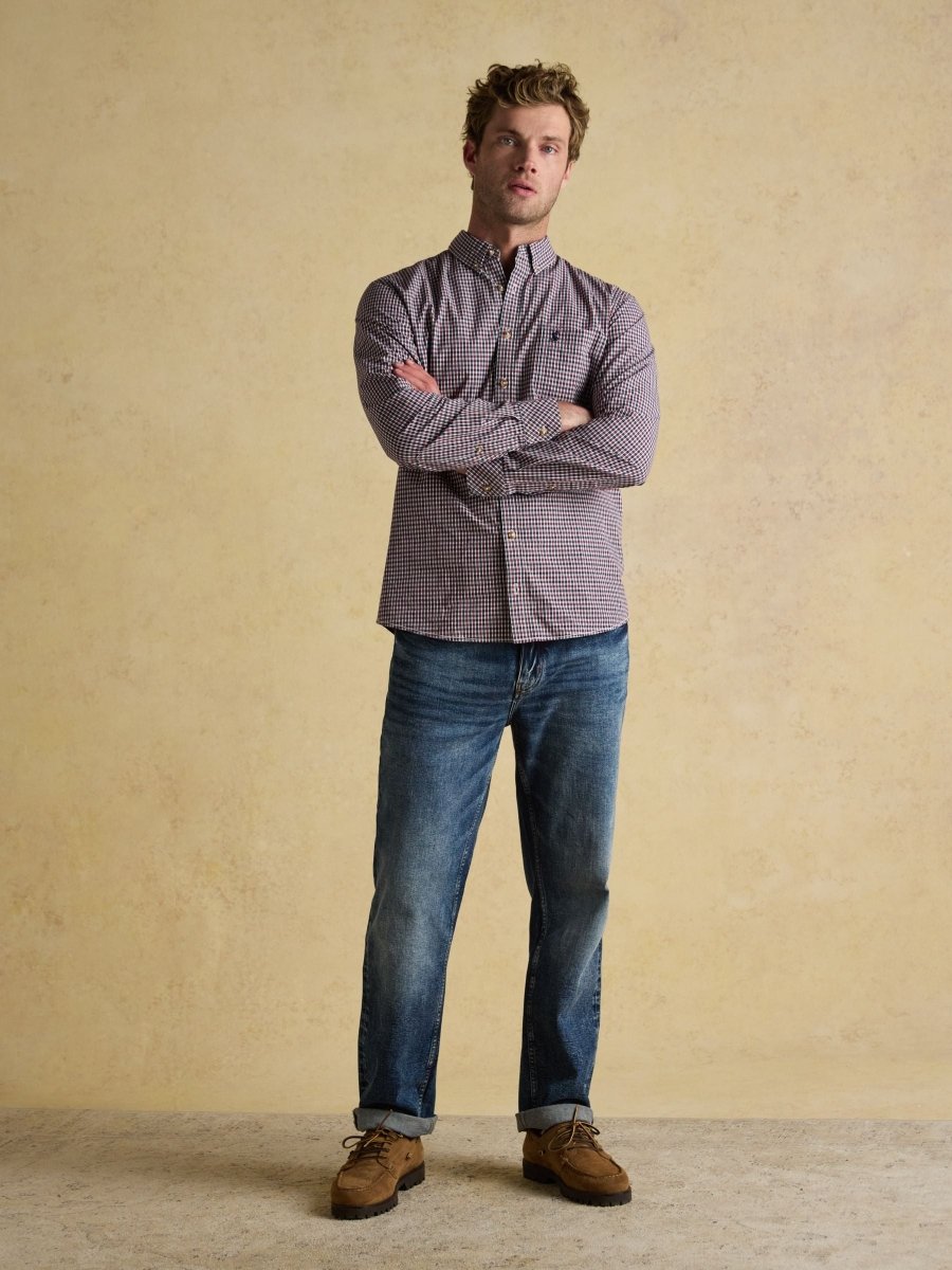 Cotton Poplin Burgundy Red Long Sleeve Gingham Shirt - RUTHERFORD & Co