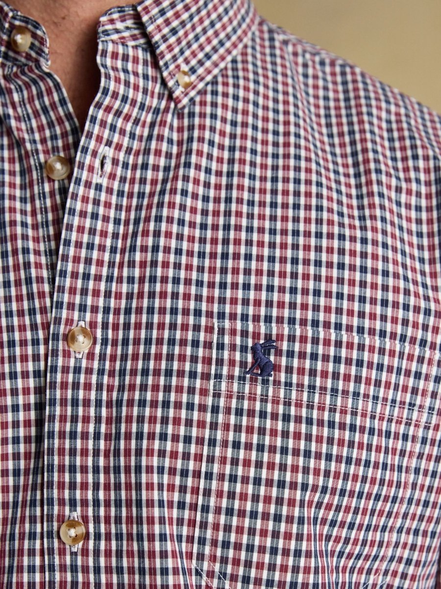 Cotton Poplin Burgundy Red Long Sleeve Gingham Shirt - RUTHERFORD & Co