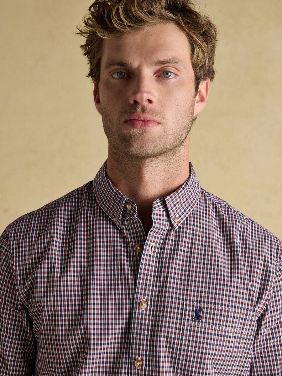 Cotton Poplin Burgundy Red Long Sleeve Gingham Shirt - RUTHERFORD & Co