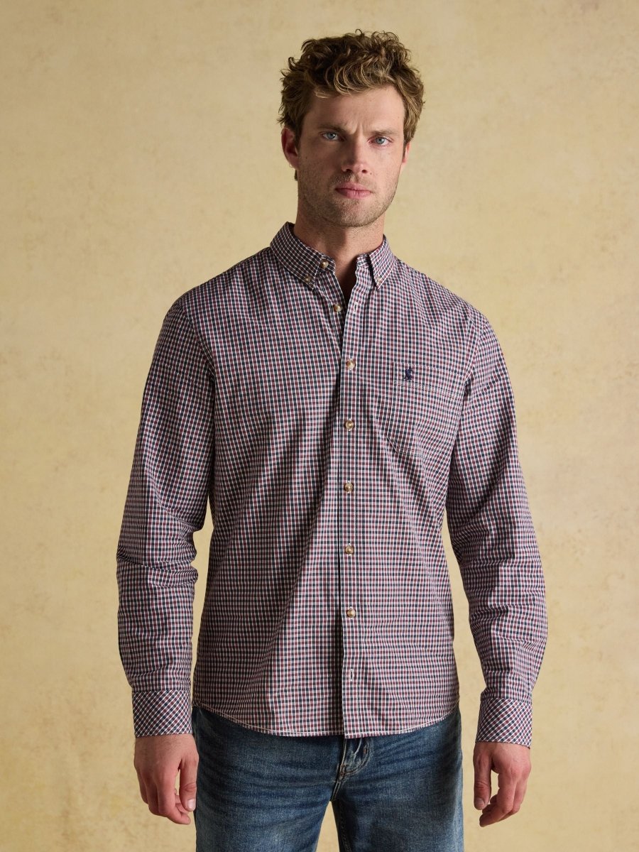 Cotton Poplin Burgundy Red Long Sleeve Gingham Shirt - RUTHERFORD & Co