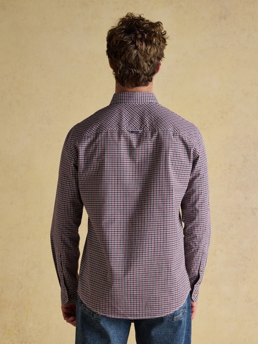 Cotton Poplin Burgundy Red Long Sleeve Gingham Shirt - RUTHERFORD & Co