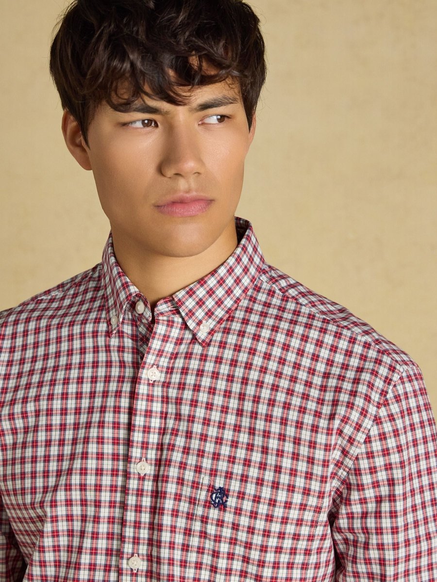 Cotton Poplin Long Sleeve Check Shirt - Burgundy Red - RUTHERFORD & Co