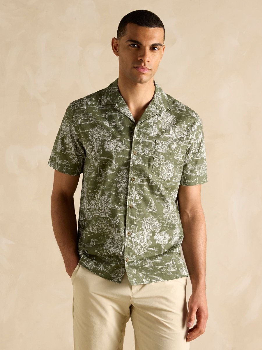 Cotton Slub Khaki Green Short Sleeve Shirt - RUTHERFORD & Co