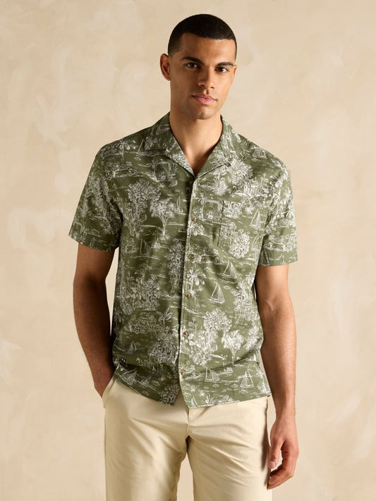Cotton Slub Khaki Green Short Sleeve Shirt - RUTHERFORD & Co
