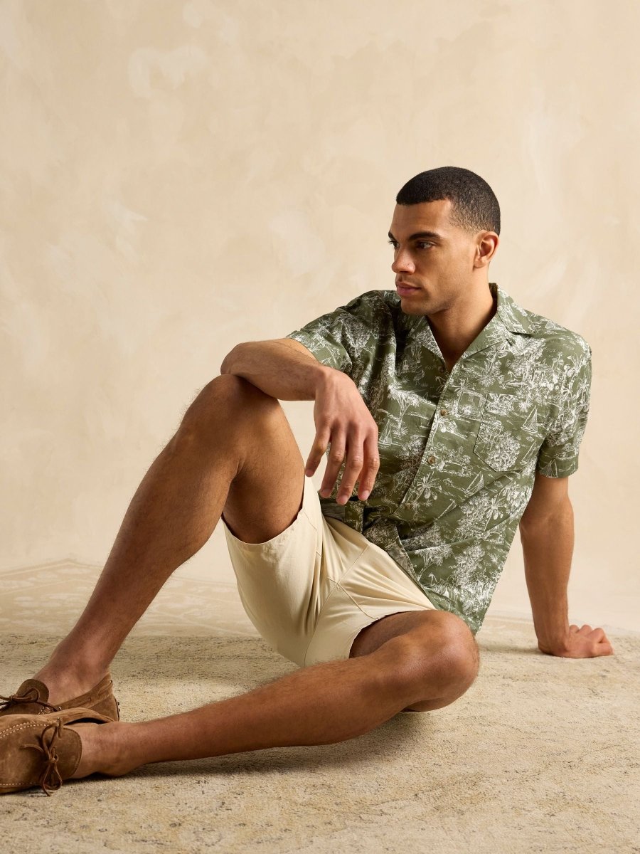 Cotton Slub Khaki Green Short Sleeve Shirt - RUTHERFORD & Co
