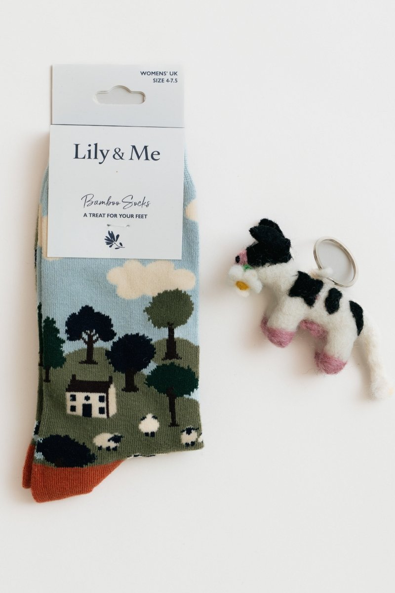 Country Scene Socks And Cow Keyring Giftbox - RUTHERFORD & Co