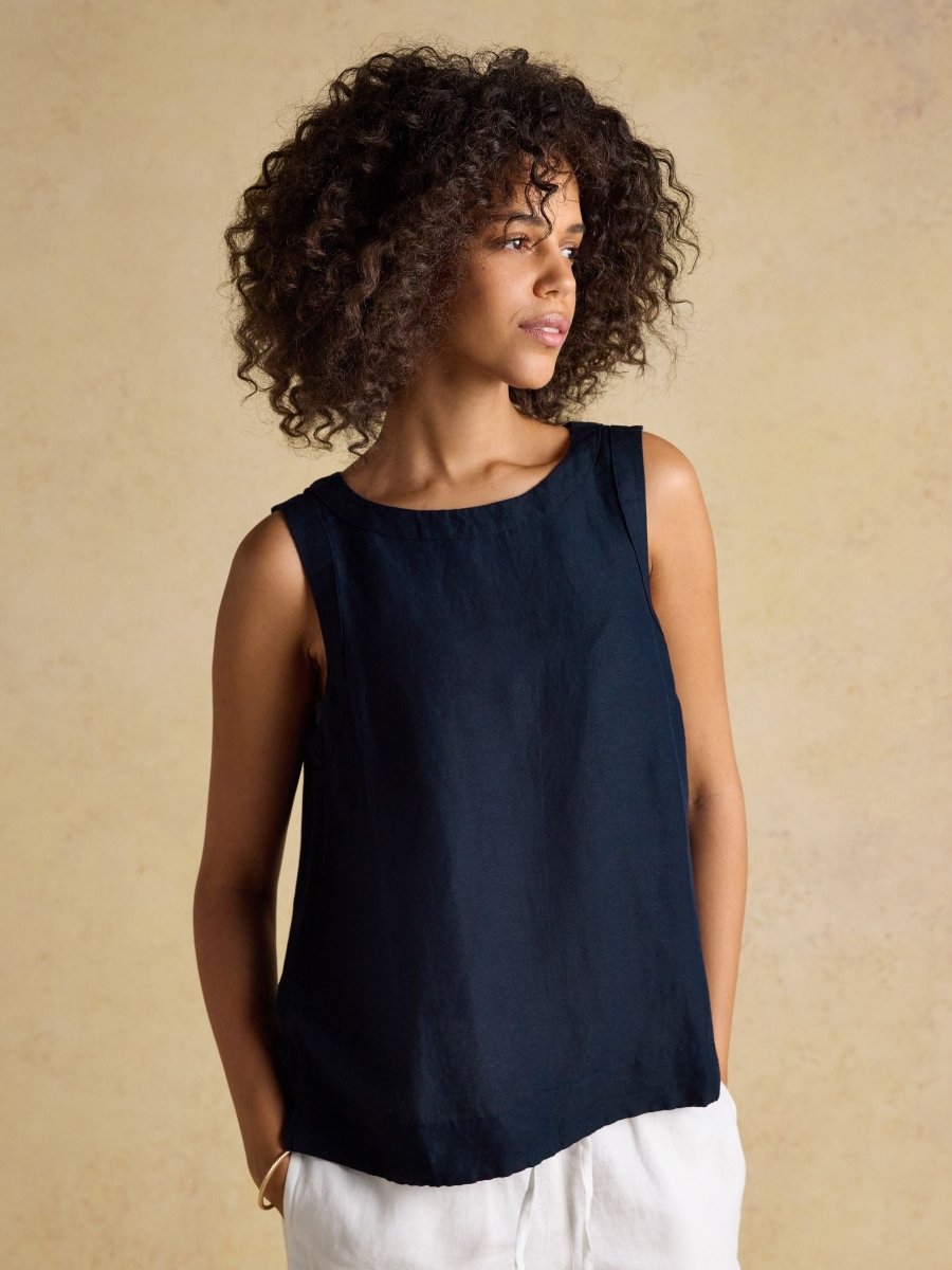 Cove Navy Round Neck Sleeveless Top with Linen - RUTHERFORD & Co