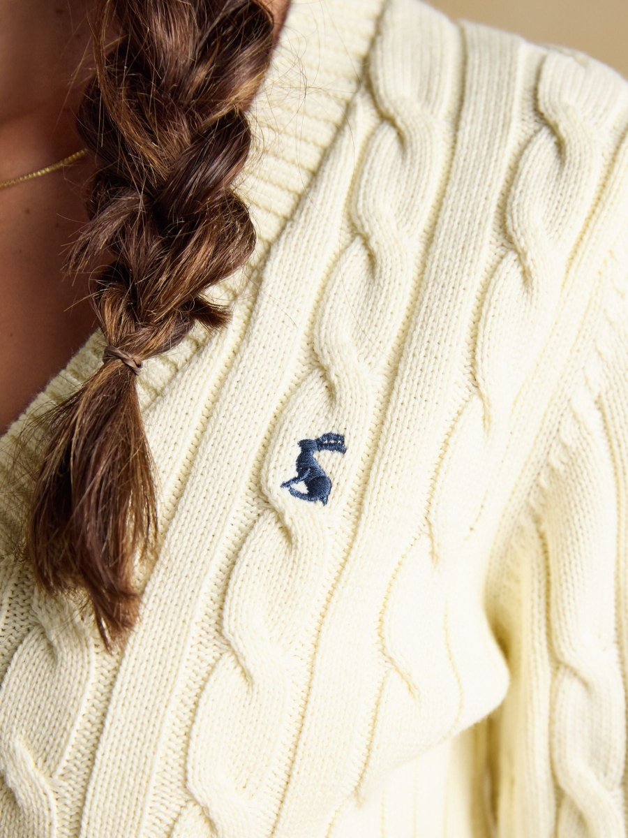 Cream Classic V-Neck Cotton Cable Knit Jumper - RUTHERFORD & Co