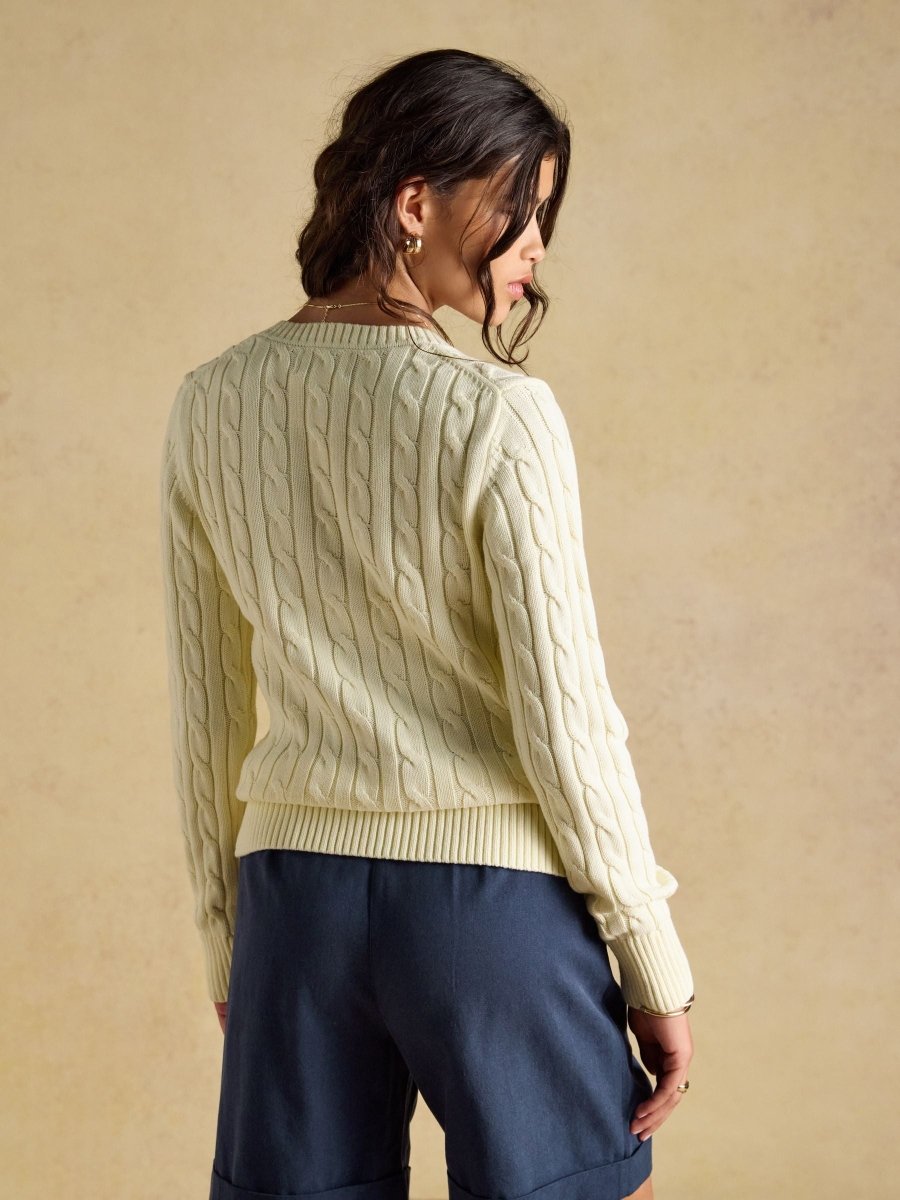 Cream Classic V-Neck Cotton Cable Knit Jumper - RUTHERFORD & Co