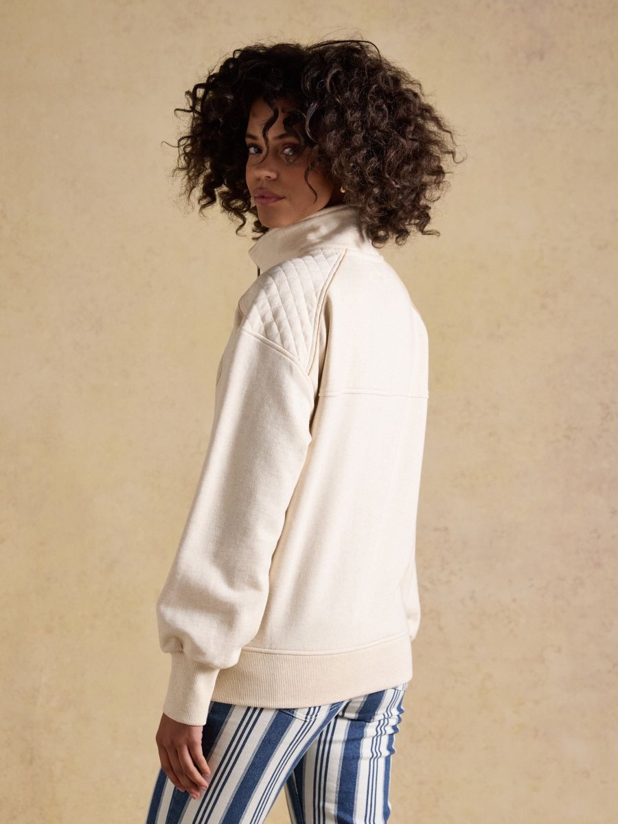Cream Embroidered Quarter Zip Sweatshirt - RUTHERFORD & Co