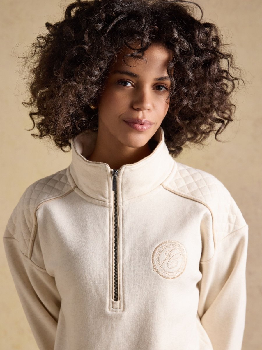 Cream Embroidered Quarter Zip Sweatshirt - RUTHERFORD & Co