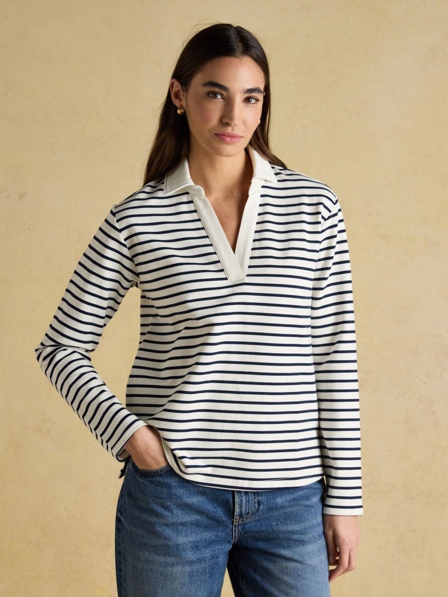 Cream & Navy Striped Cotton Blend Collared Sweatshirt - RUTHERFORD & Co
