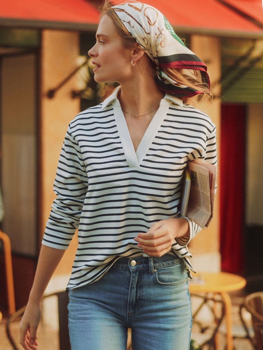 Cream & Navy Striped Cotton Blend Collared Sweatshirt - RUTHERFORD & Co