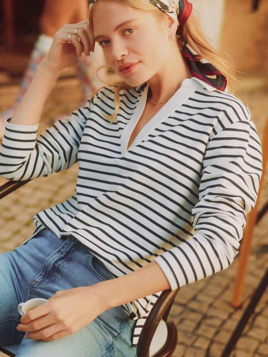 Cream & Navy Striped Cotton Blend Collared Sweatshirt - RUTHERFORD & Co