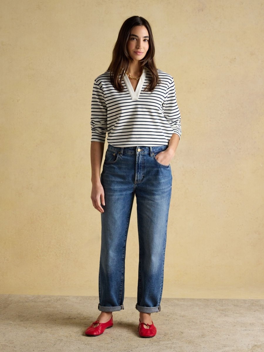 Cream & Navy Striped Cotton Blend Collared Sweatshirt - RUTHERFORD & Co