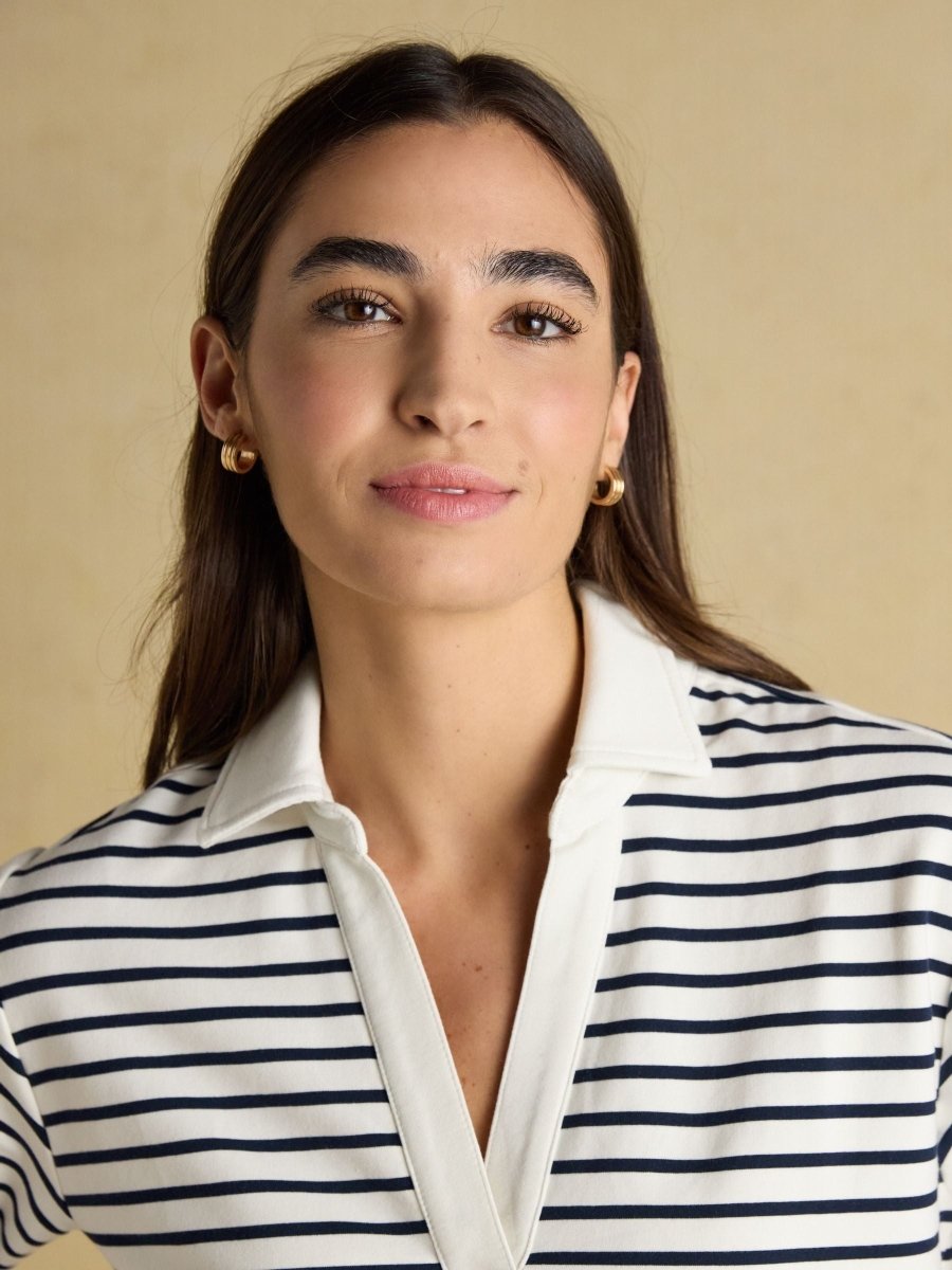 Cream & Navy Striped Cotton Blend Collared Sweatshirt - RUTHERFORD & Co