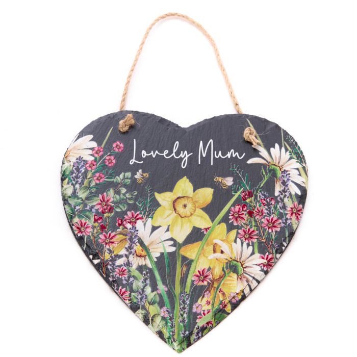 DAFFODIL MIXED FLORAL SLATE LOVELY MUM HEART HANGER - RUTHERFORD & Co