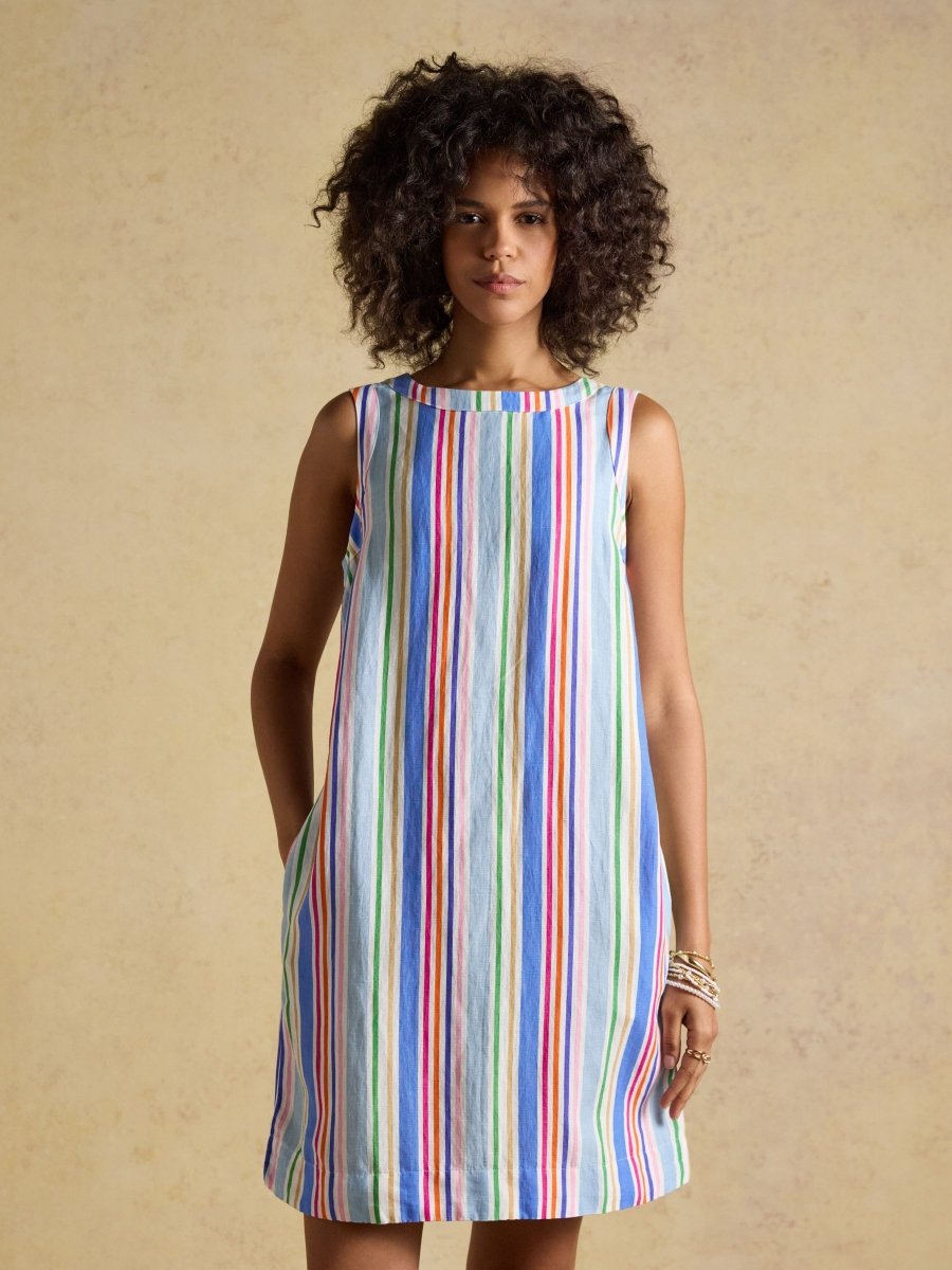Delphine Multi Striped Shift Dress With Linen - RUTHERFORD & Co