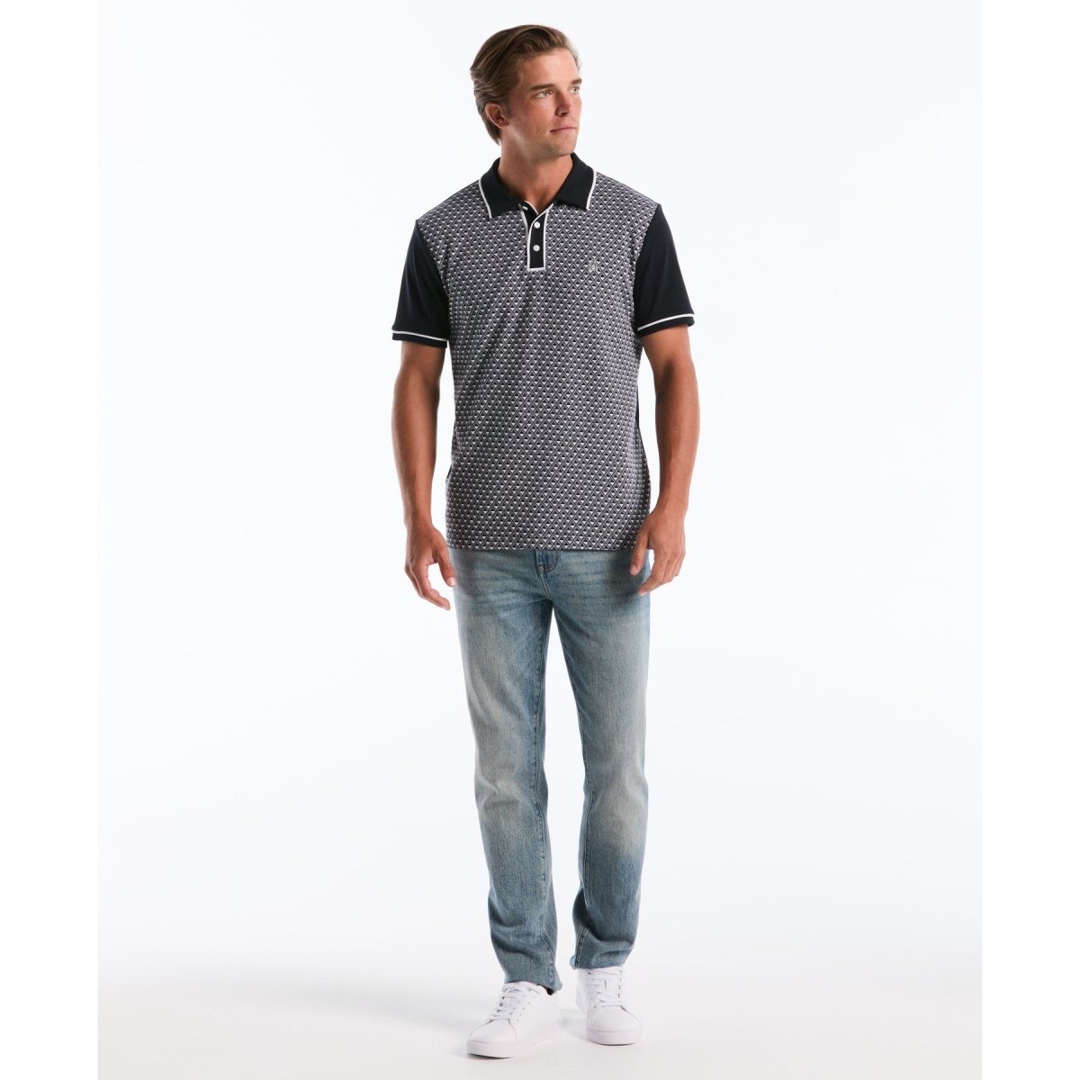 Diamond Jacquard Front Interlock Polo Shirt In Dark Sapphire - RUTHERFORD & Co