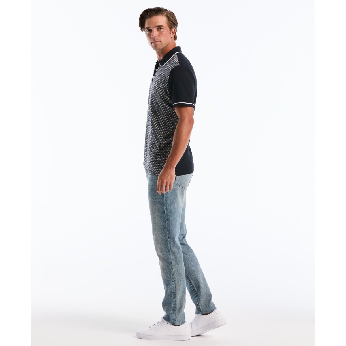 Diamond Jacquard Front Interlock Polo Shirt In Dark Sapphire - RUTHERFORD & Co