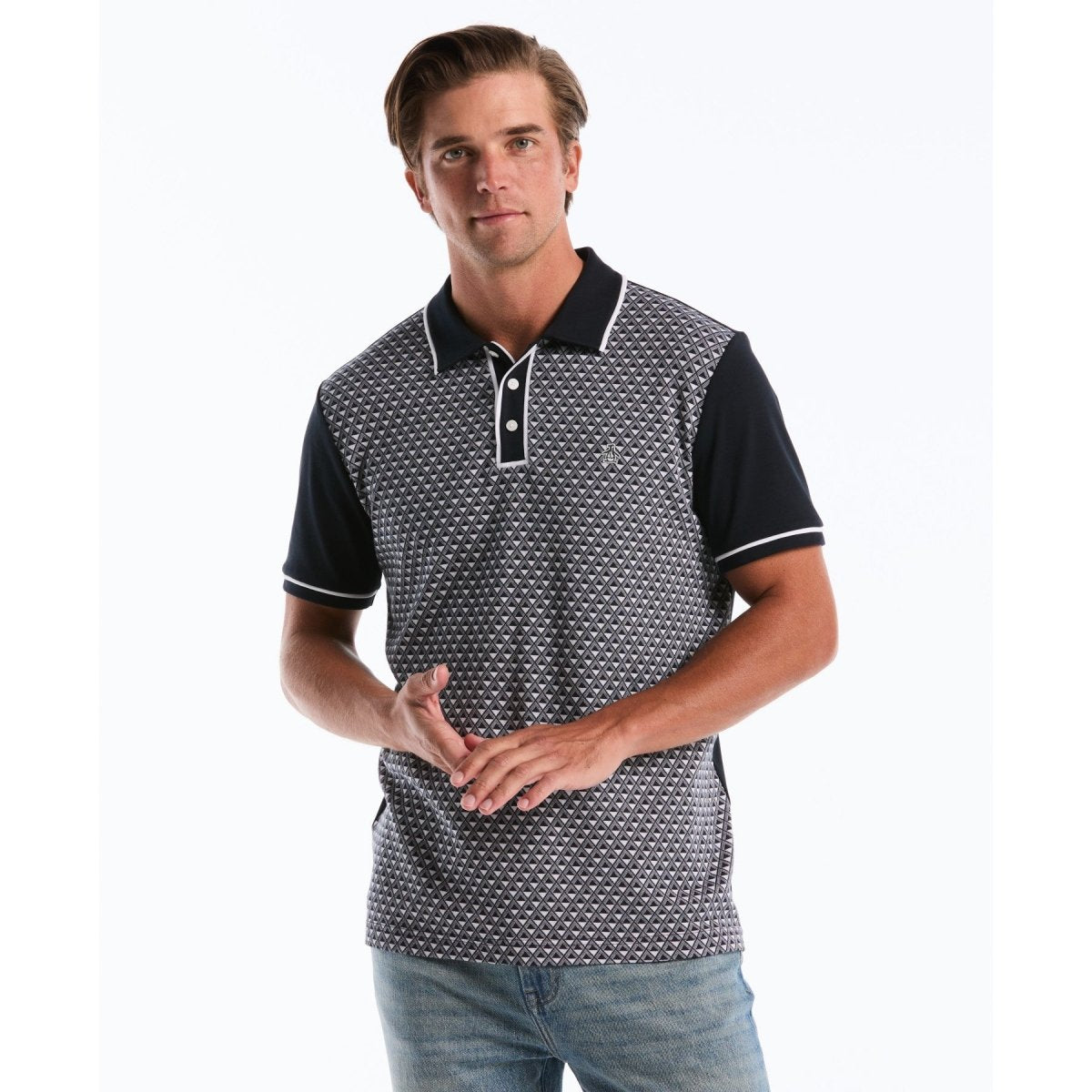 Diamond Jacquard Front Interlock Polo Shirt In Dark Sapphire - RUTHERFORD & Co