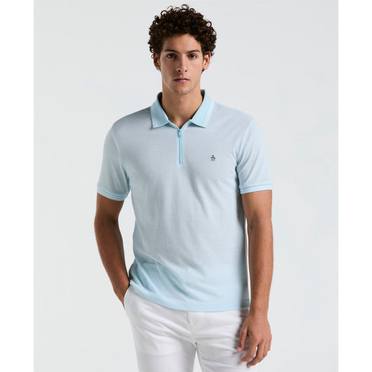 Jacquard Tipped 1/4 Zip Polo Shirt In Crystal Blue