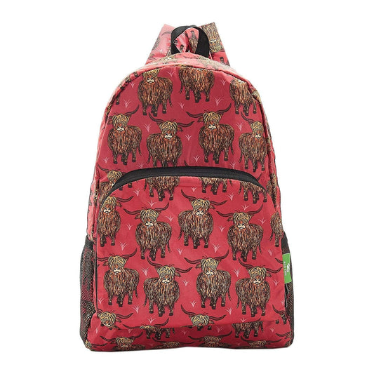 Eco Chic Lightweight Foldable Backpack Red Highland Cow