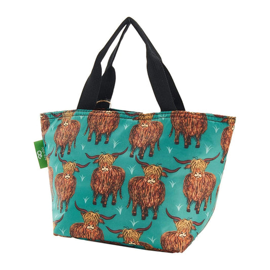 Eco Chic Lightweight Foldable Lunch Bag Teal Highland Cow