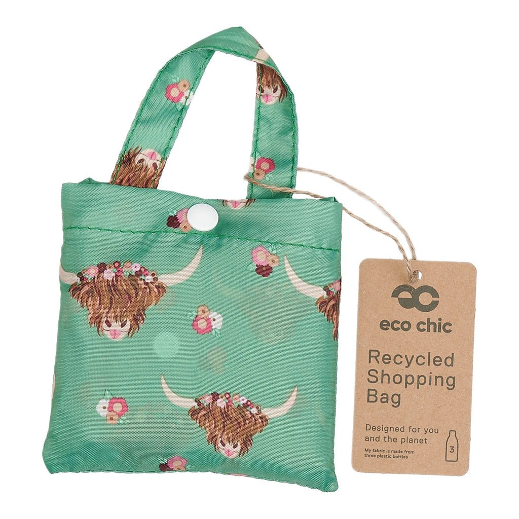 Eco Chic Lightweight Foldable Reusable Green Shopping Bag Floral Highland Cow - RUTHERFORD & Co