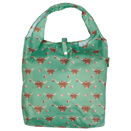 Eco Chic Lightweight Foldable Reusable Green Shopping Bag Floral Highland Cow