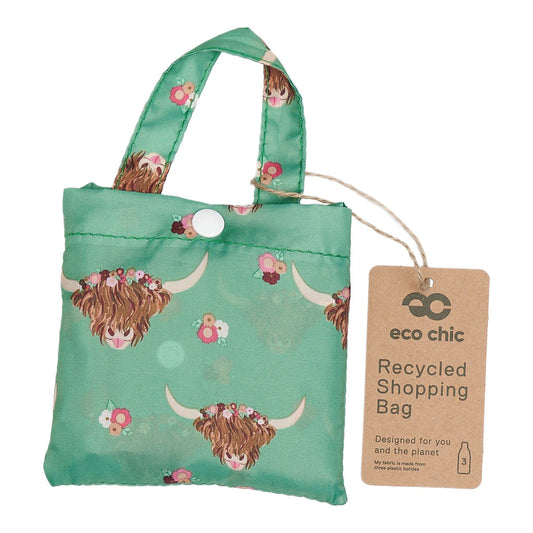 Eco Chic Lightweight Foldable Reusable Green Shopping Bag Floral Highland Cow