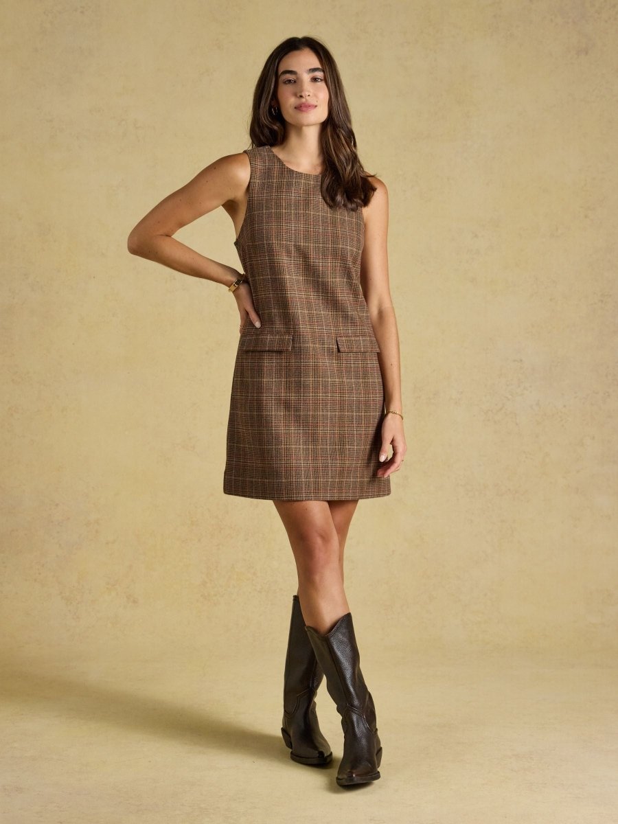 Edwina Brown Check Tweed Shift Dress - RUTHERFORD & Co