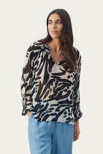 ElsiaPW Bl Blouse - Dark Navy Brush Print - RUTHERFORD & Co