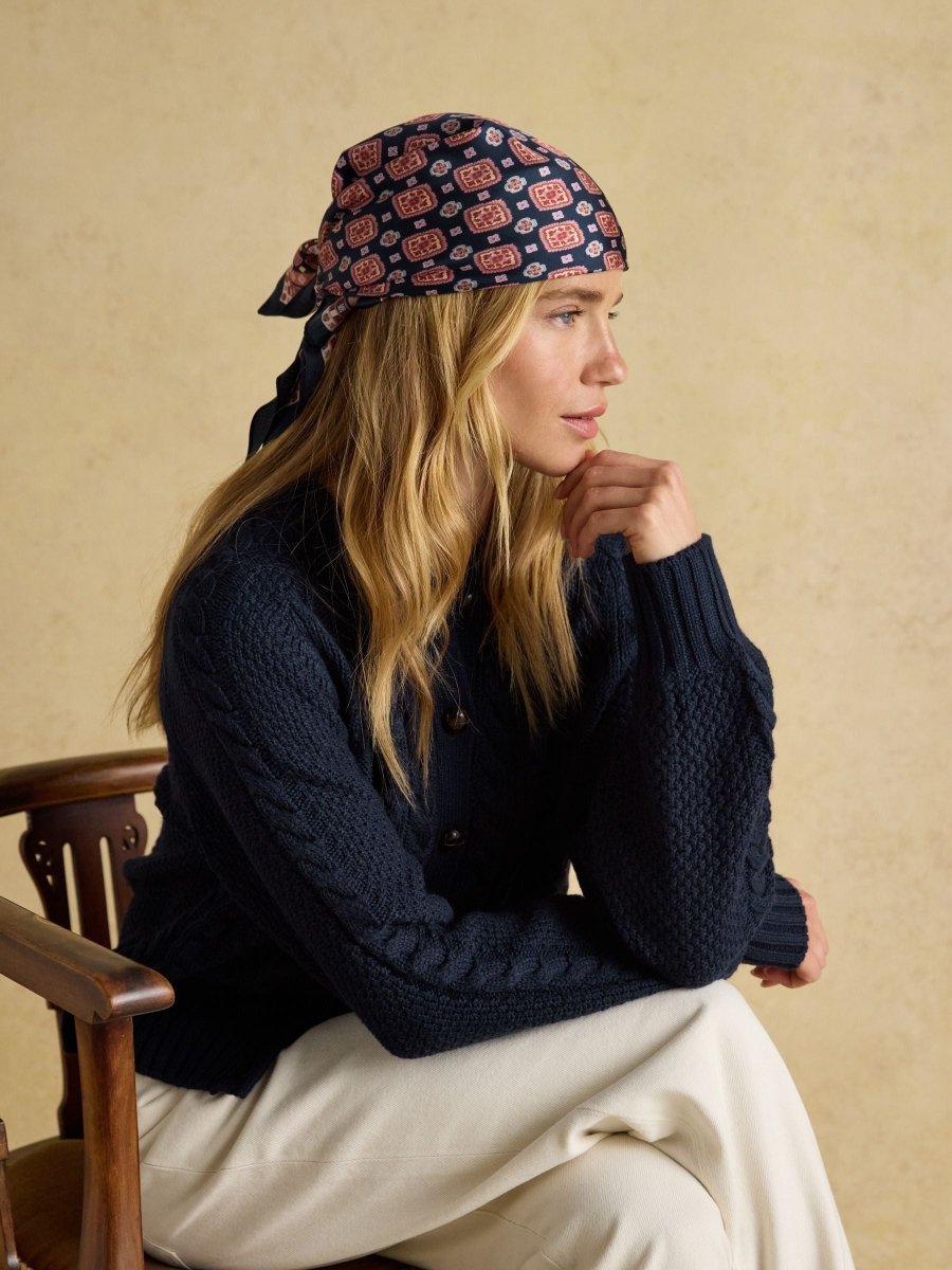 Elsie Navy Small Square 100% Scarf - RUTHERFORD & Co