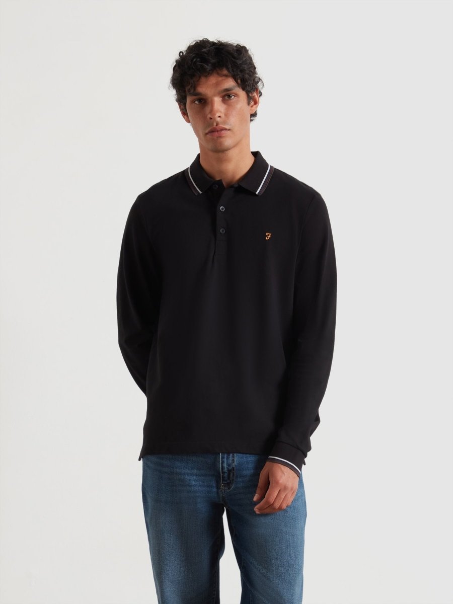 Elton Tipped Long Sleeve Polo Shirt In Black - RUTHERFORD & Co
