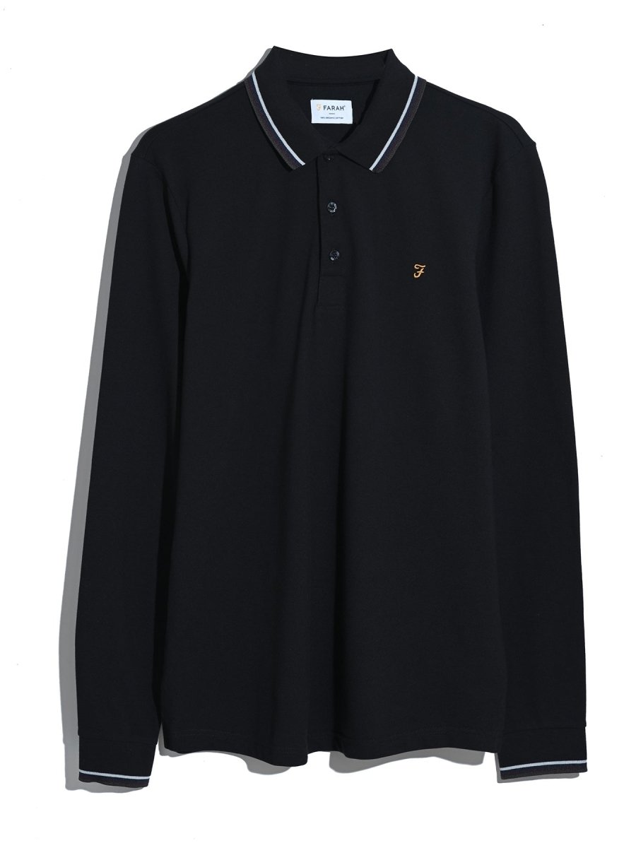 Elton Tipped Long Sleeve Polo Shirt In Black - RUTHERFORD & Co