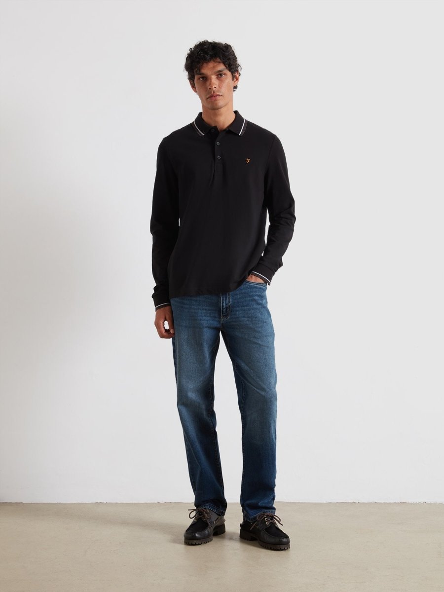 Elton Tipped Long Sleeve Polo Shirt In Black - RUTHERFORD & Co